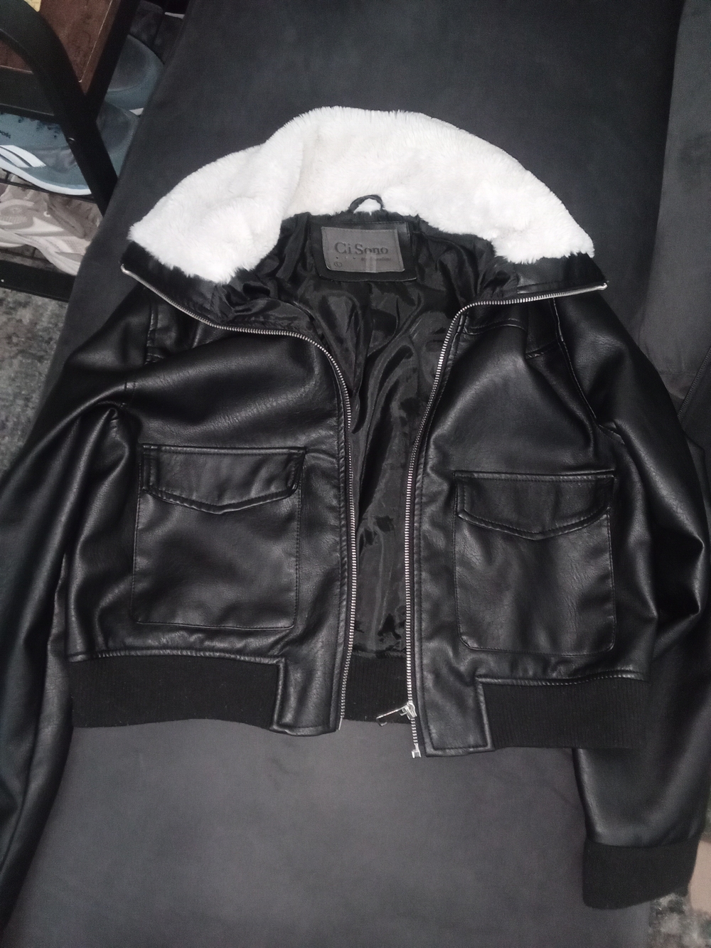 Ci Sono Black Faux Leather Bomber Jacket with White Sherpa Collar